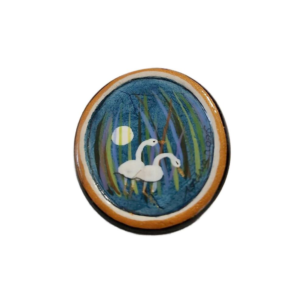 Vintage Hand Painted Brooch with Swans